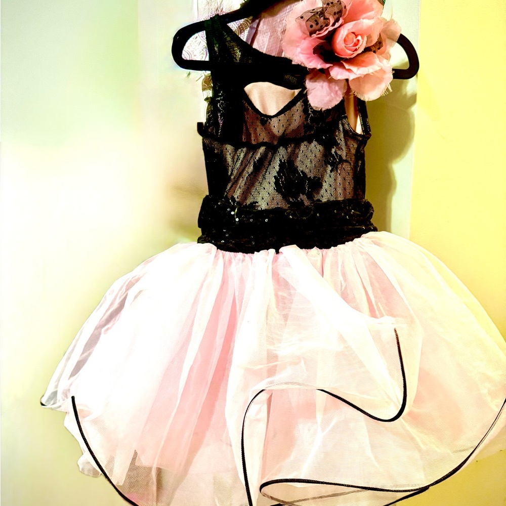 3/4T Girl’s Dance Dress Shear Pink Ballet Tule w/Black Lace Top, Sequin waste